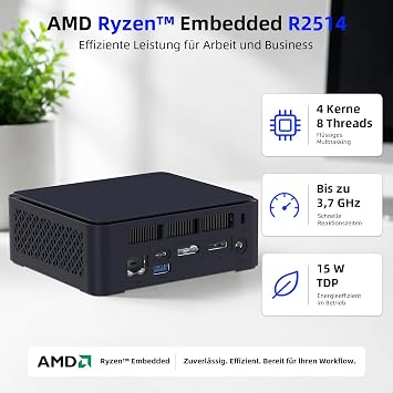 AWOW AK12 Mini PC AMD Ryzen 5 R2514 Embedded (4C/8T up to 3.7GHz 15W) 16GB DDR4 512GB PCIe 3.0 SSD Radeo Vega Graphics Dual 4K HDMI 2.0/DP 1.2 USB-C Wi-Fi 5/BT 5.0 Gigabit LAN