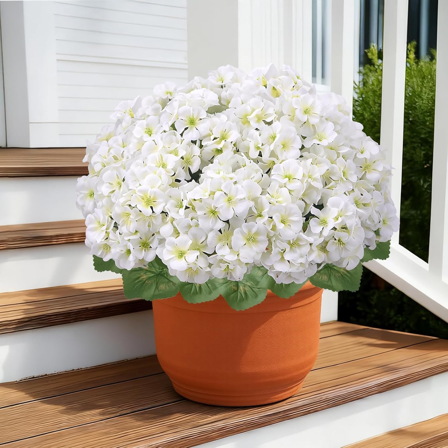 12Pcs Artificial Geranium Flowers for Outdoors 14in Silk Geraniums Flowers Outdoor UV Resistant Look Real Fake White Flowers for Planters Garden Home Kitchen Table Centerpieces (White)