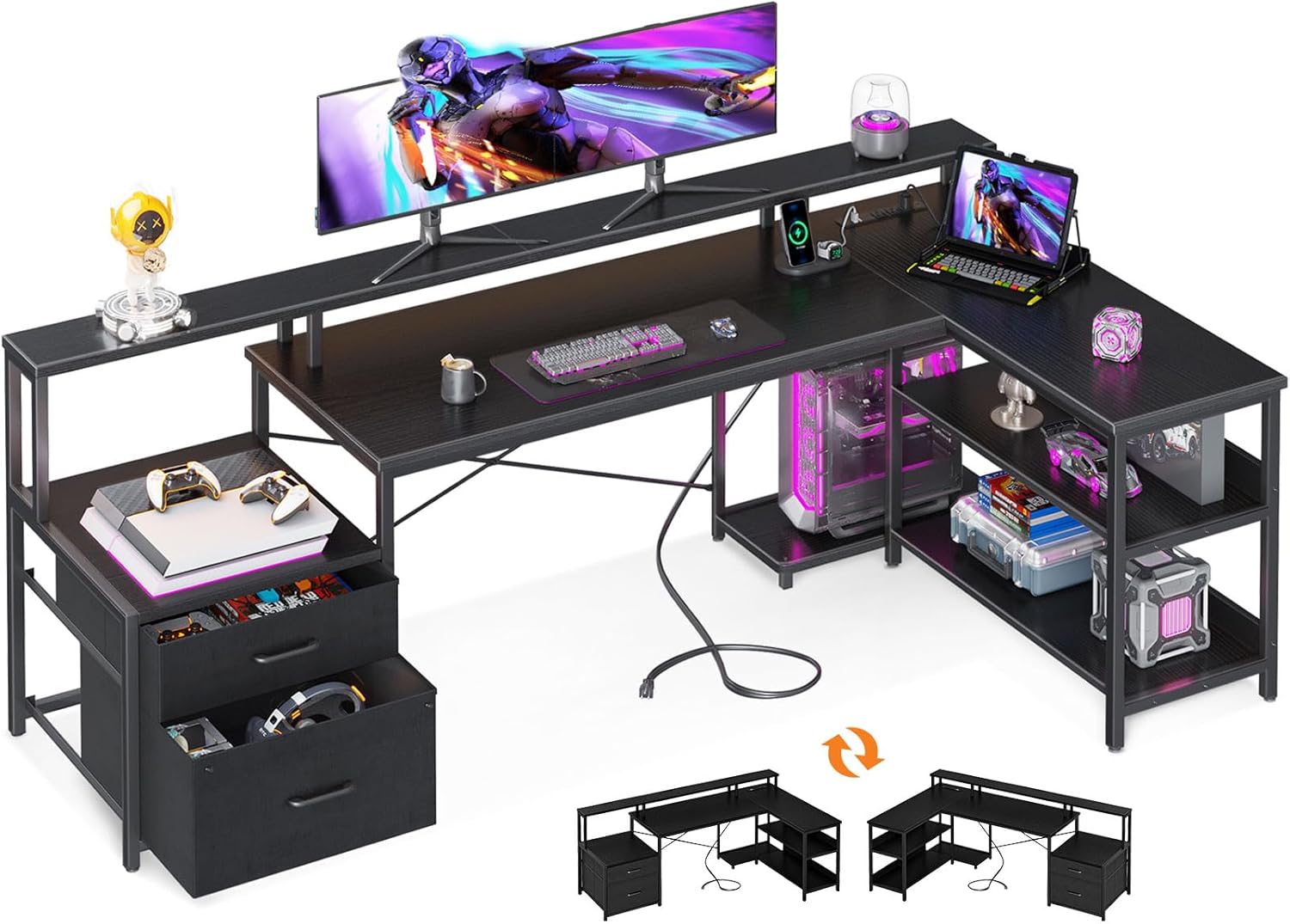 ODK 75" L Shaped Desk with File Drawers, Work from Home Office Desk with Power Outlet, Reversible Computer Desk with Storage Shelves, Gaming Desk with Monitor Shelf, Corner WFM Table, Black