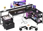 ODK L Shaped Desk with File Drawer, 75" Reversible L Shaped Computer Desk with Power Outlet, Office Desk with Storage Shelves & Monitor Shelf, Corner Desk, Grey Oak