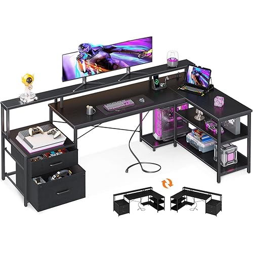 ODK 75" L Shaped Desk with File Drawers, Work from Home Office Desk with Power Outlet, Reversible Computer Desk with Storage Shelves, Gaming Desk with Monitor Shelf, Corner WFM Table, Black