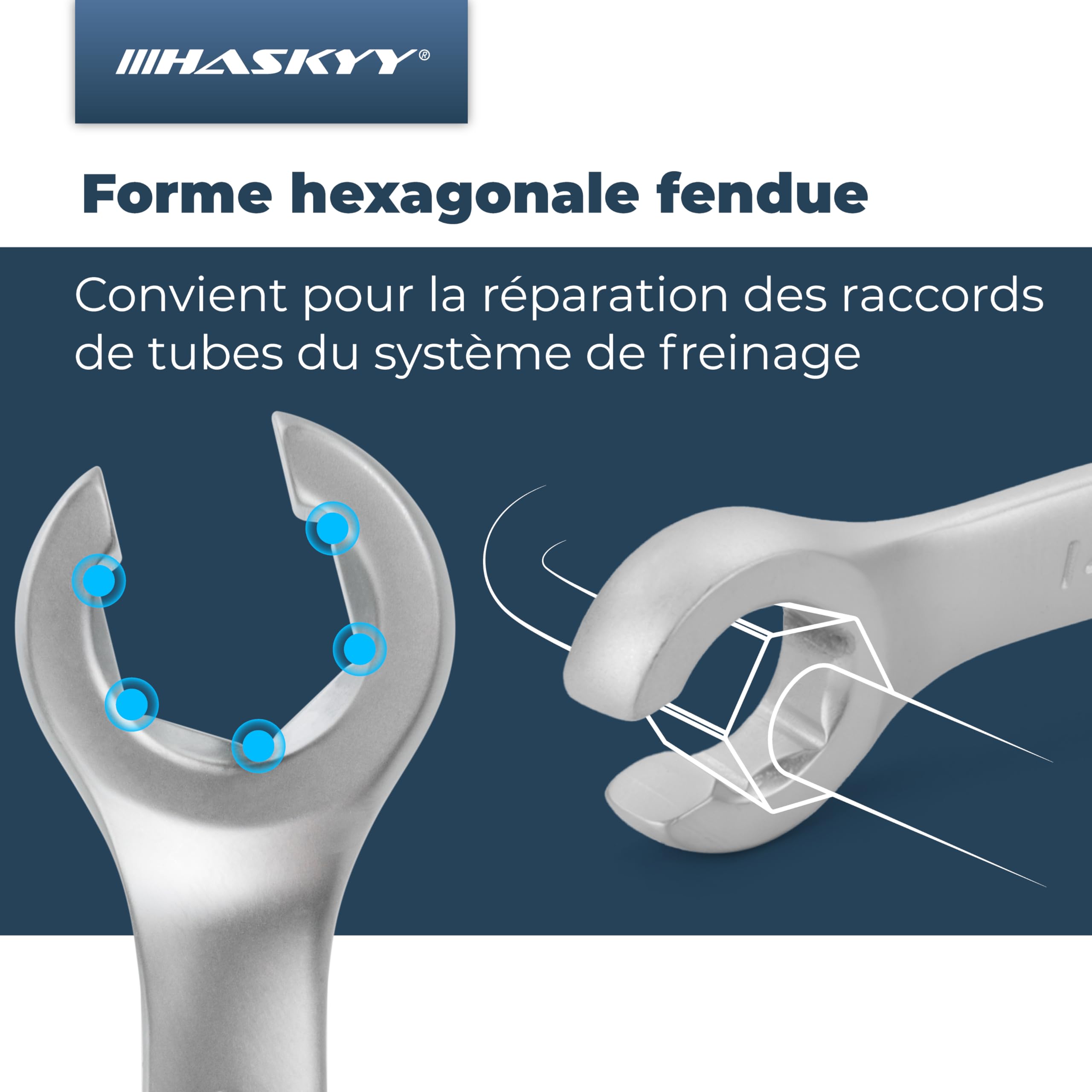 HASKYY Kit de 6 clés plates pour tuyau de frein I clés polygonales ouvertes I clés pour tuyau de frein 8 à 19 mm