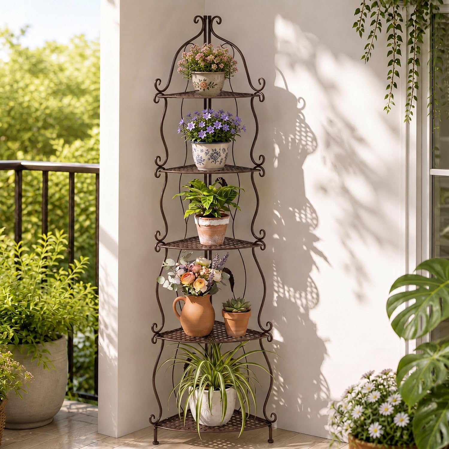 Gisafai 5 Tier Rustic Brown Outdoor Corner Plant Stand