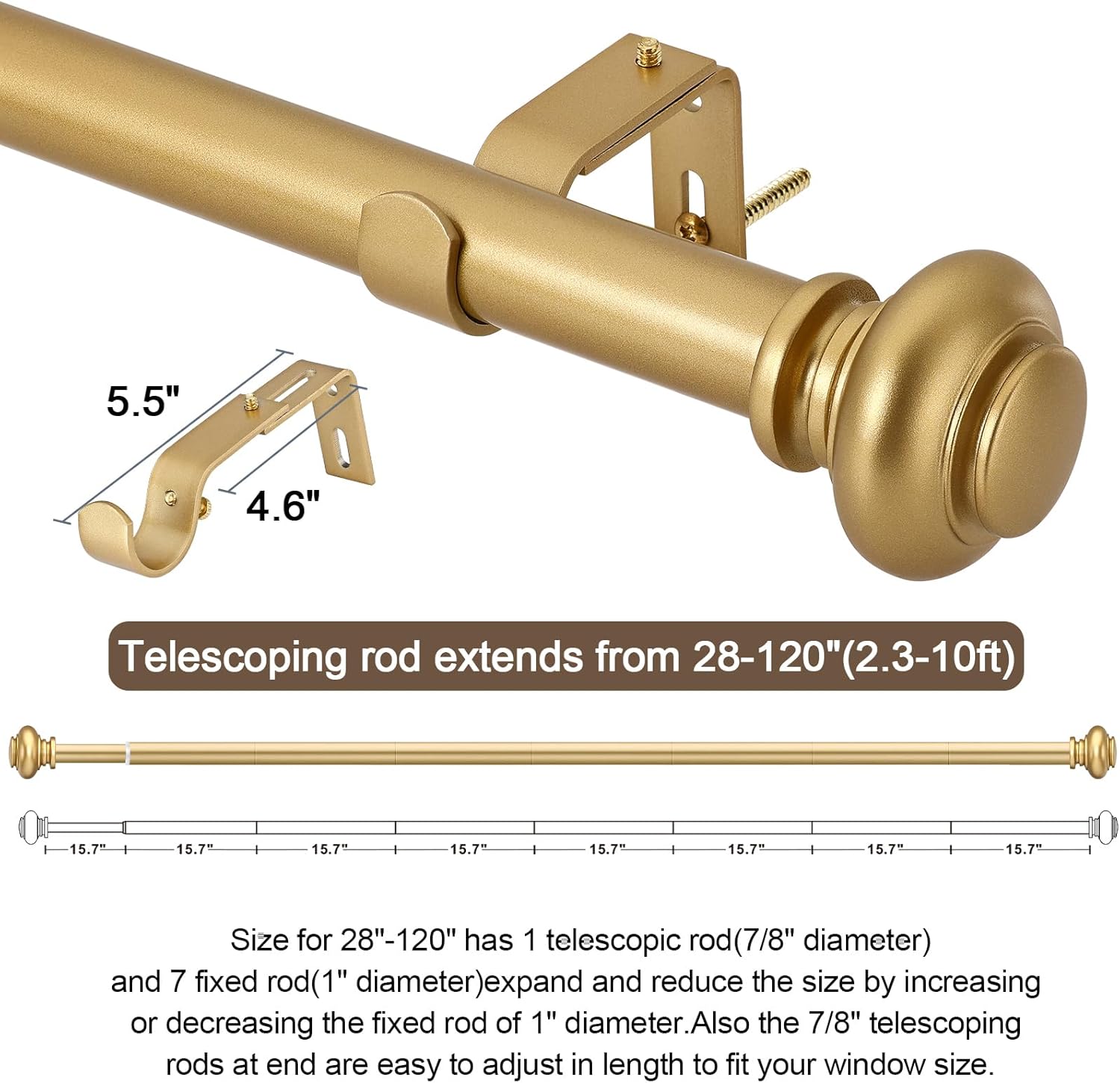 Gold Curtain Rods for Windows 66 to 120 Inches Adjustable Decorative 1 Inch Diameter Single Window Curtain Rod Set with Classic Finials, Gold Finishing