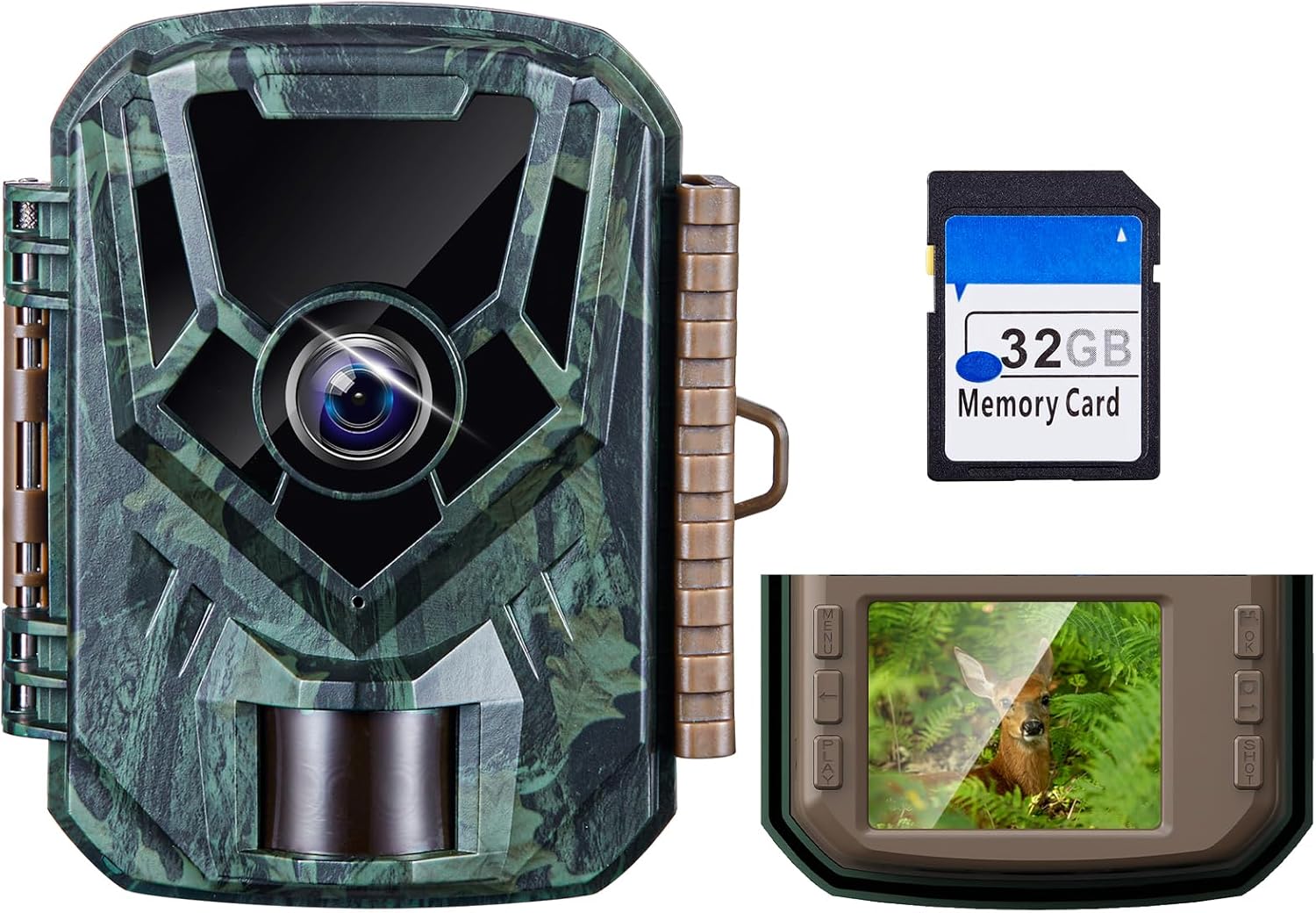 KJK Trail Camera with battery compartment open, showing 4 AA batteries being inserted.