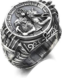 Horus and Anubis Jackal Signet Ring, 925K Silver Ankh Cross Ring, 0.022-0.023 lbs, 0,78 x 0,78 Inch, Egyptian Eye Of Horus, Egyptian God Men Ring, Death Funeral Mythical Gift