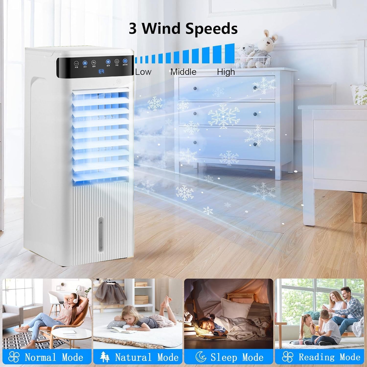 Condizionatore d'aria mobile con ventola di raffreddamento evaporativo con 3 velocità, timer da 7 ore e ruote a 360°, per uso domestico e ufficio