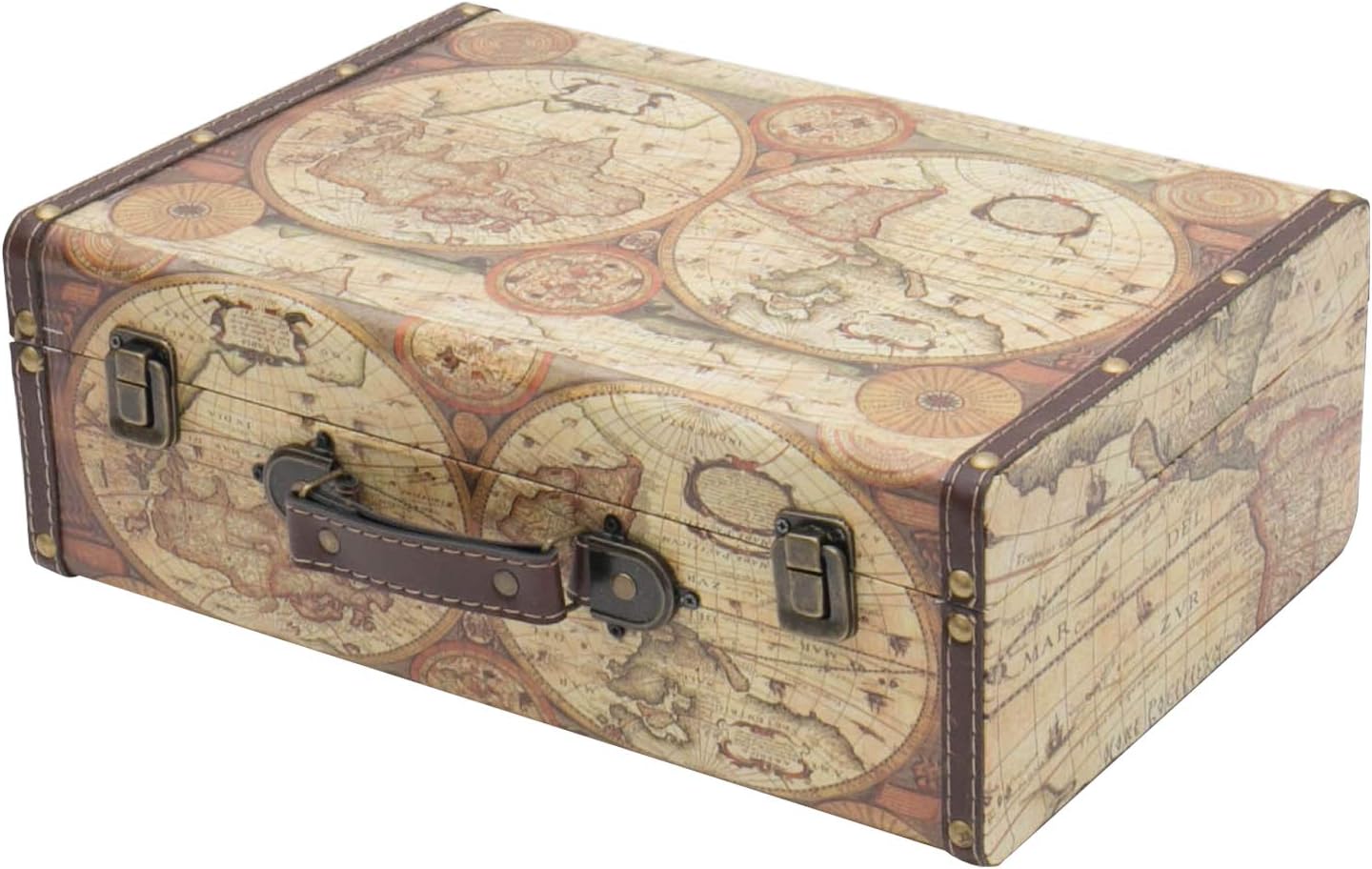 HMF VKO104 Vintage Wooden Suitcase | 38 x 26 x 13 cm | Large | World Map Color