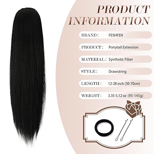 Miniatura 5 de FESHFEN Extensiones de Cola de Caballo Rectas con Cordón, Piezas de Cabello Sintético para Cola de Caballo, Postizos Capilares para Mujeres, Marrón
