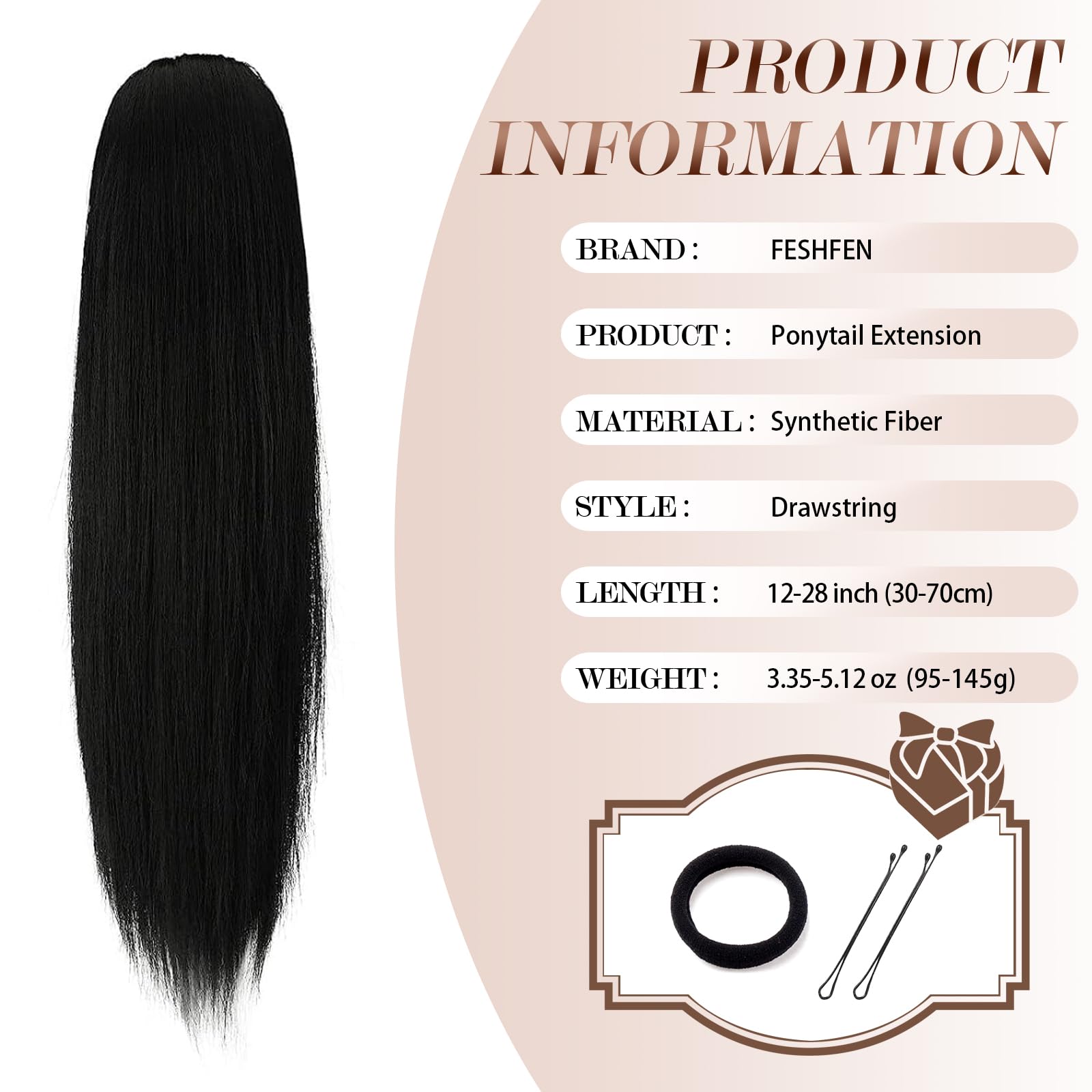 FESHFEN Coulisse Coda di Cavallo Extension, 70 cm Ponytail Extension Coda Capelli Lisci Lungo Coulisse Estensione dei Capelli Castano Scuro Sintetica Coda Capelli Extension