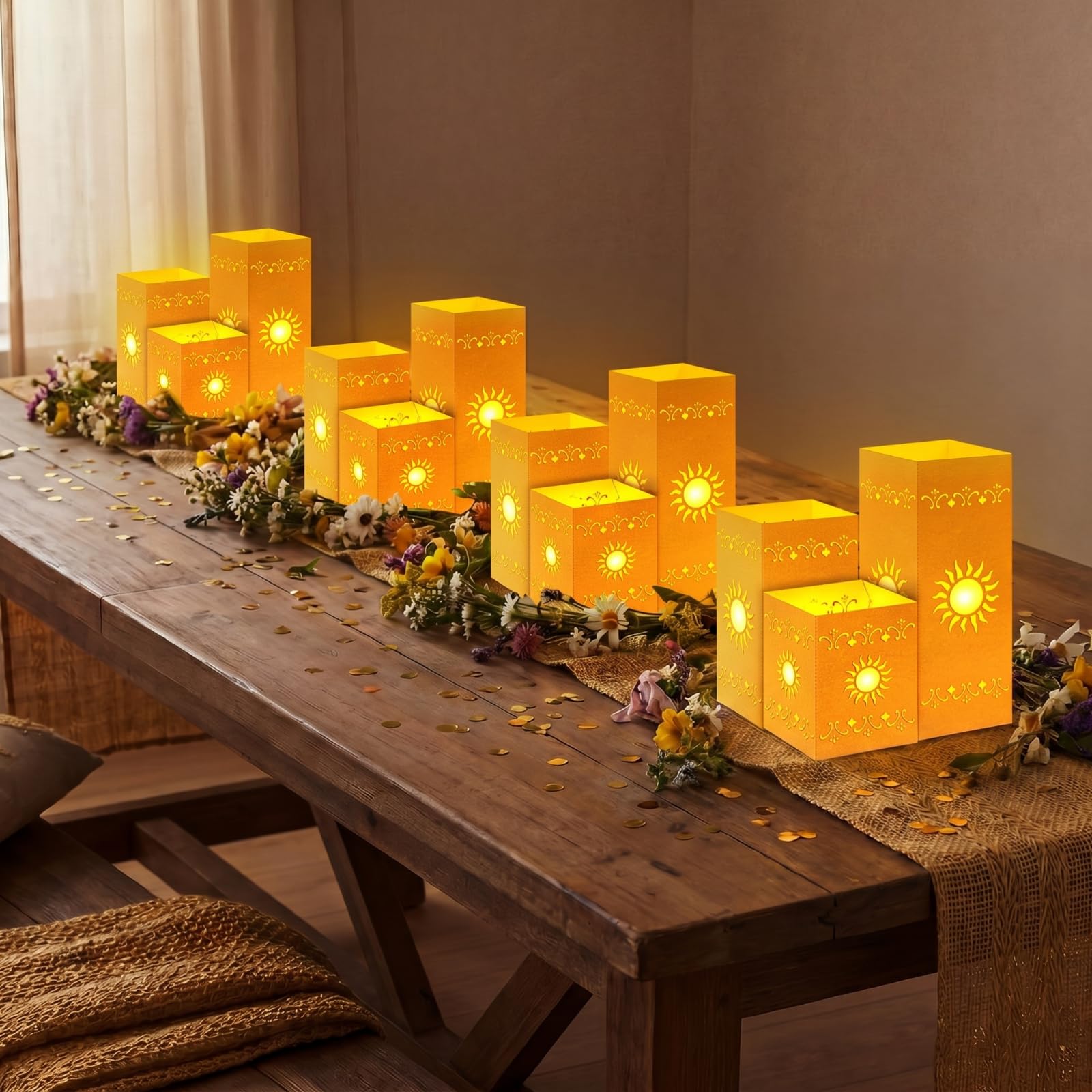Lot de 12 lanternes solaires de princesse pour table - 3 tailles - Lanternes en papier doré avec bougies chauffe-plat pour soleil, anniversaire, fête prénatale, fête de mariage