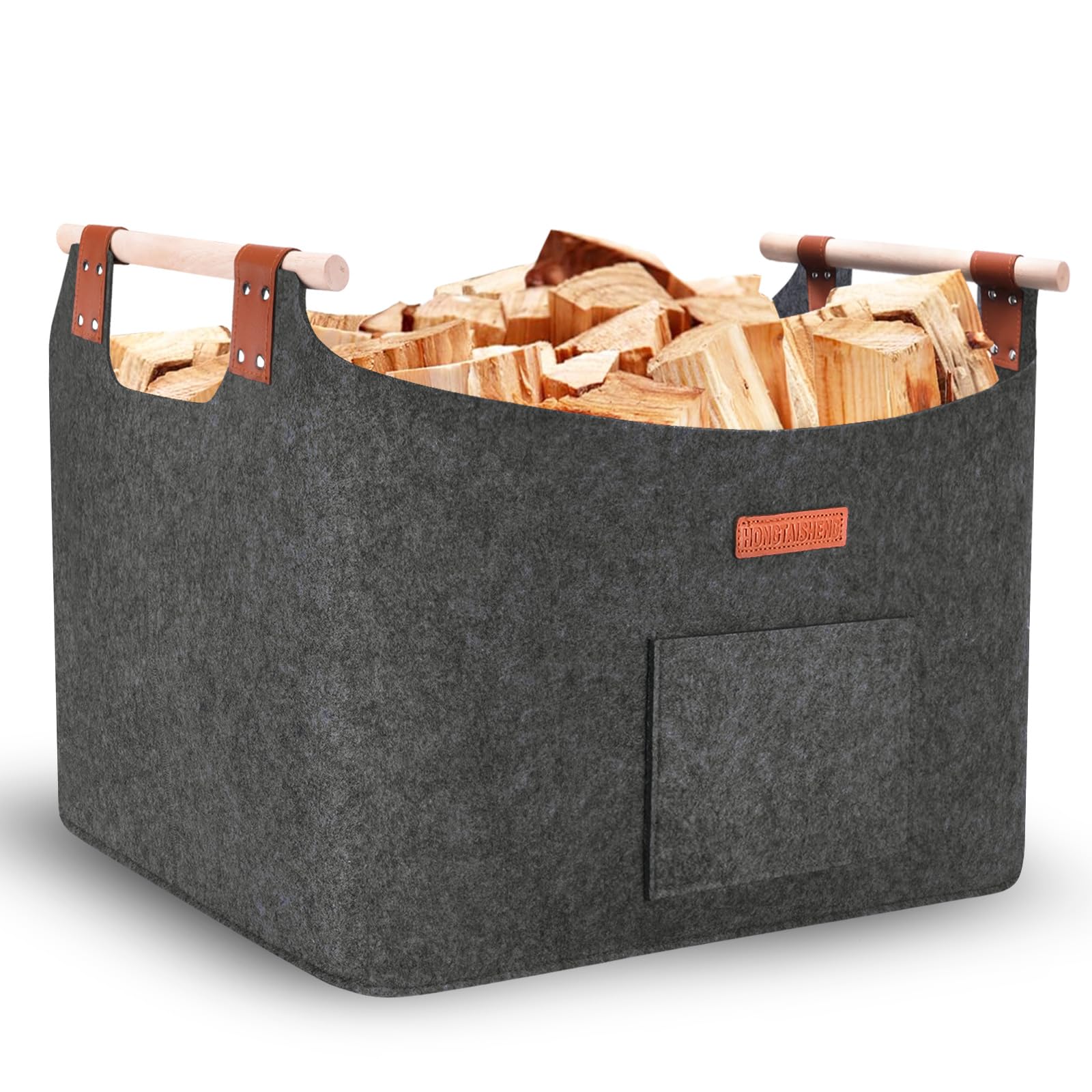 XXL Brennholzkorb Faltbar für Kaminholz, 3 mm rPET-Filz, 25kg, Schiefergrau | XXL Fassungsvermögen, Außentasche & stabile Holzgriffe, bodenschonender rPET-Filz, platzsparend faltbar, für Kaminholz