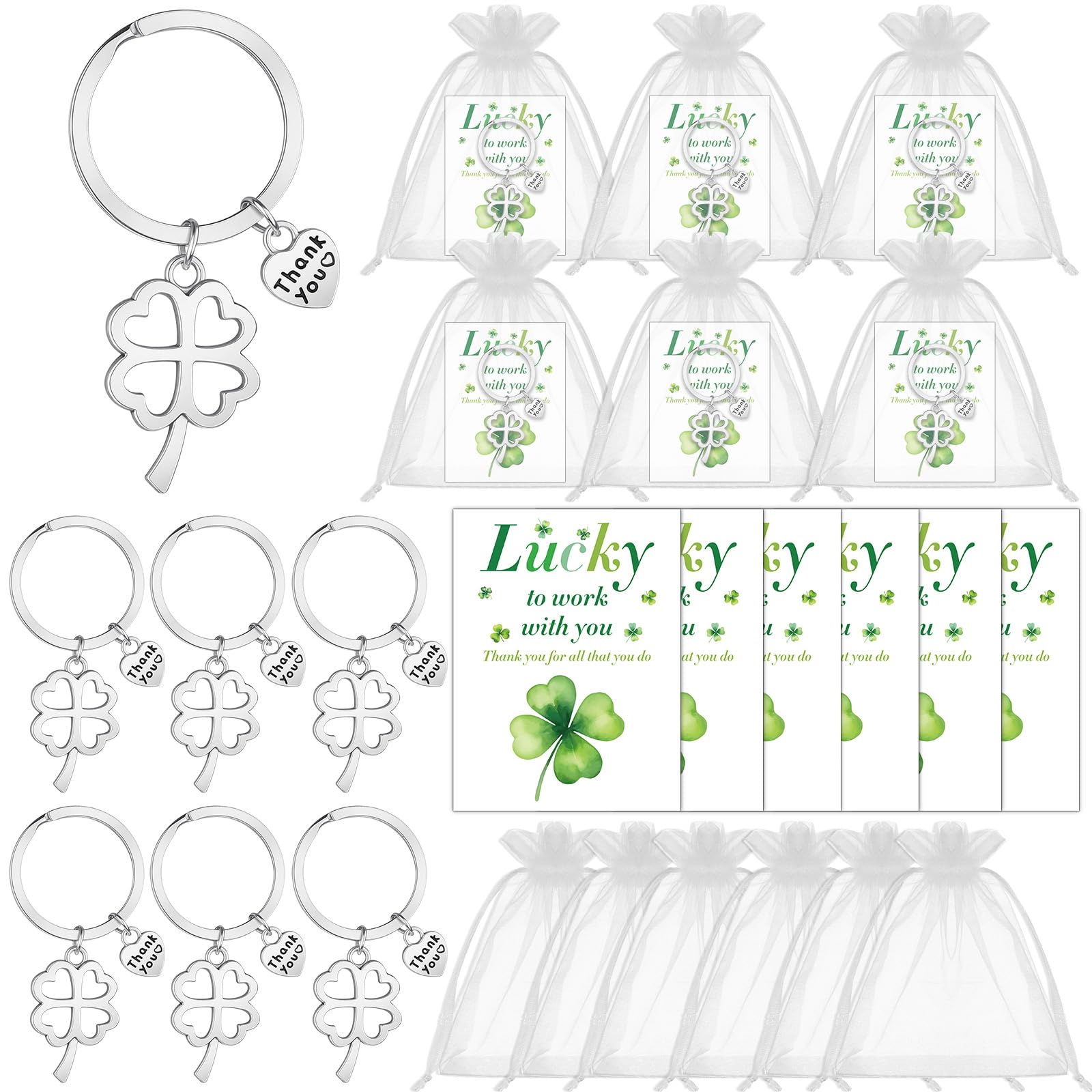 YXSJAS 6Sets-18Pcs Lucky Four Leaf Clover Keyring with Heart Charm Employee Thank You Leaving Gifts for Colleagues Women Men,Four-Leaf Clover Heart Keychain Keyring with Lucky Card,Drawstring Bag