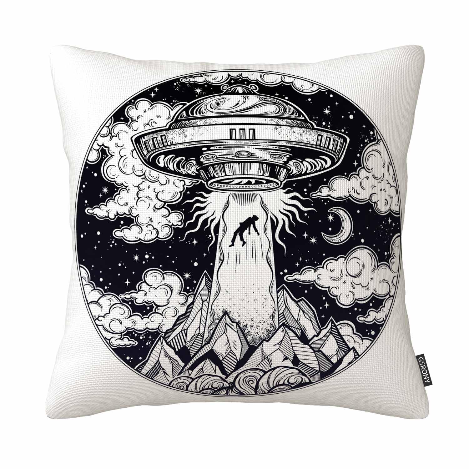 Gsrony Gold Retro Space Throw Pillow Covers,Alien Spaceship Ufo Abducting Human Cotton Linen Decorative Cushion Case 18X18 Inch For Living Room Bedroom Home Decor