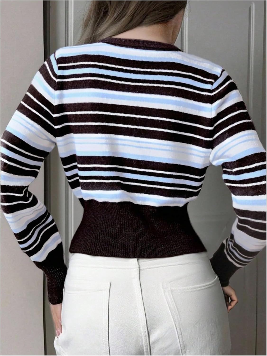 MakeMeChic Women's Striped V Neck Cardigan Sweater Long Sleeve Button Down Y2K Vintage Crop Knit Top - Image 2