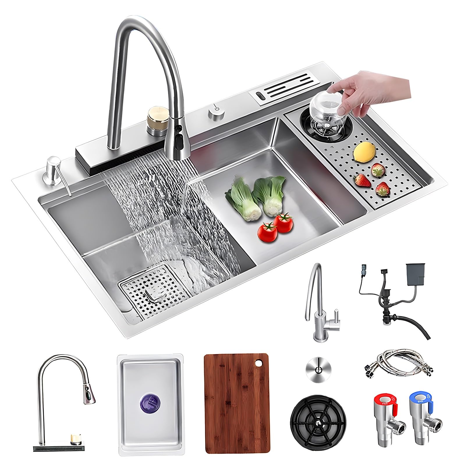 ZQFHSX 32.3-Inch Large Kitchen Workstation Sink, with Pull-Out Faucet, Cup Washer & Drain Set, Stepped Waterfall 304 Stainless Steel Bar Farmhouse Sink