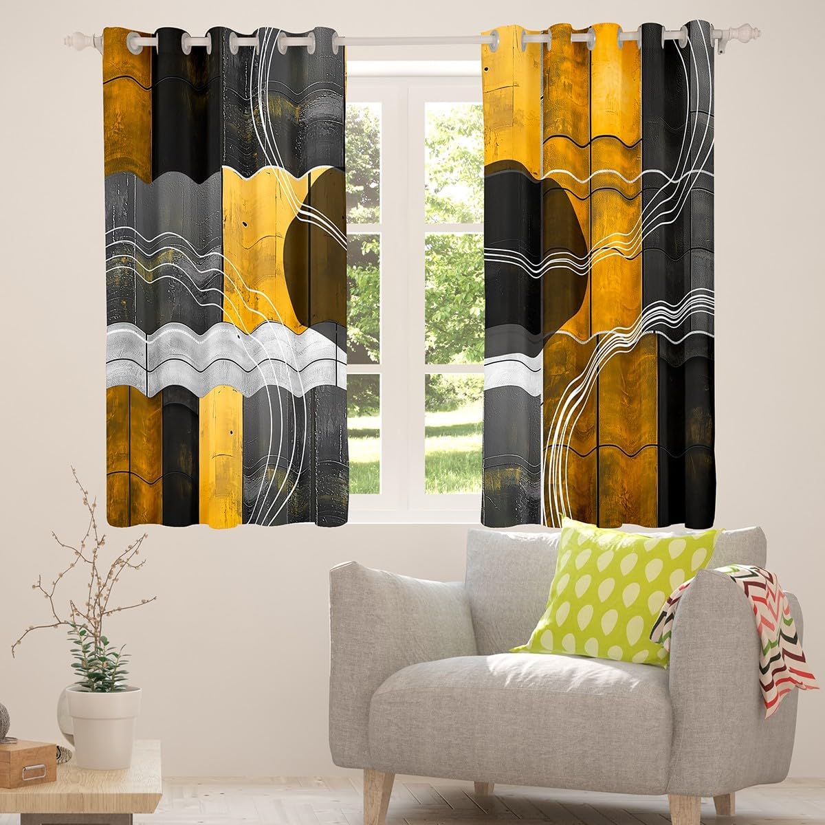 jejeloiu Olive Yellow Curtain (2 Panels, 52 x 84 Inch) Kids Abstract Geometric Darkening Drapes Teens Modern Art 30%-50% Blackout Shades Lightweight Room Decor Window Treatments for Bedroom image 4