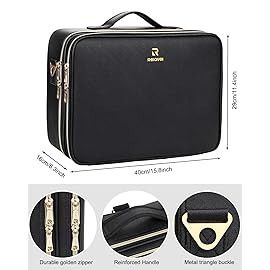 Relavel Makeup Case Large Makeup Bag Professional Train Case 16.5 inches Travel Cosmetic Organizer Brush Holder Waterproof Makeup Artist Storage Box, Large Capacity (Leather Black)