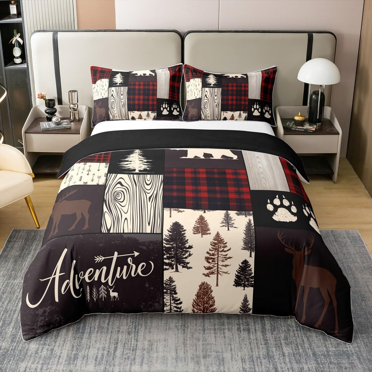 Erosebridal Retro Cabin 100% Cotton Duvet Cover,Checkered Plaid Patchwork Bedding Set for Kids Adult, Woodland Wildlife Deer Bear Trees Comforter Cover Country Farmhouse Moose Quilt Cover, Full