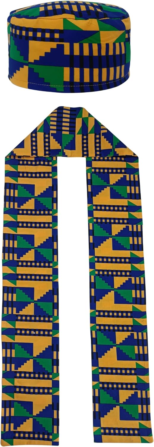African Kente Pattern Hats Scarf Kufi Hat Ankara Print Cap and Shawl Clothing Stole Sash for Black Men Women 2 Pcs