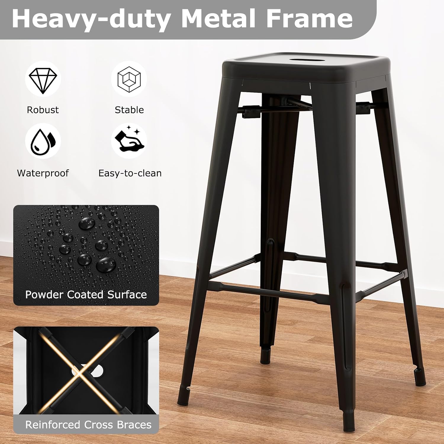 Giantex Metal Backless Bar Stools Set of 4, 30" Bar Height Modern Industrial Barstools w/Cut-Out Handle, Footrest, Rubber Foot Pads, Stackable Bar Dining Chairs for Kitchen Island, Black