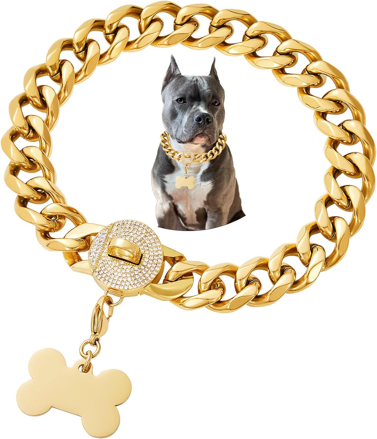 Gold Chain Cuban Link Dog Collar for Medium Large Dogs,Bulldog Shepherd Collar with