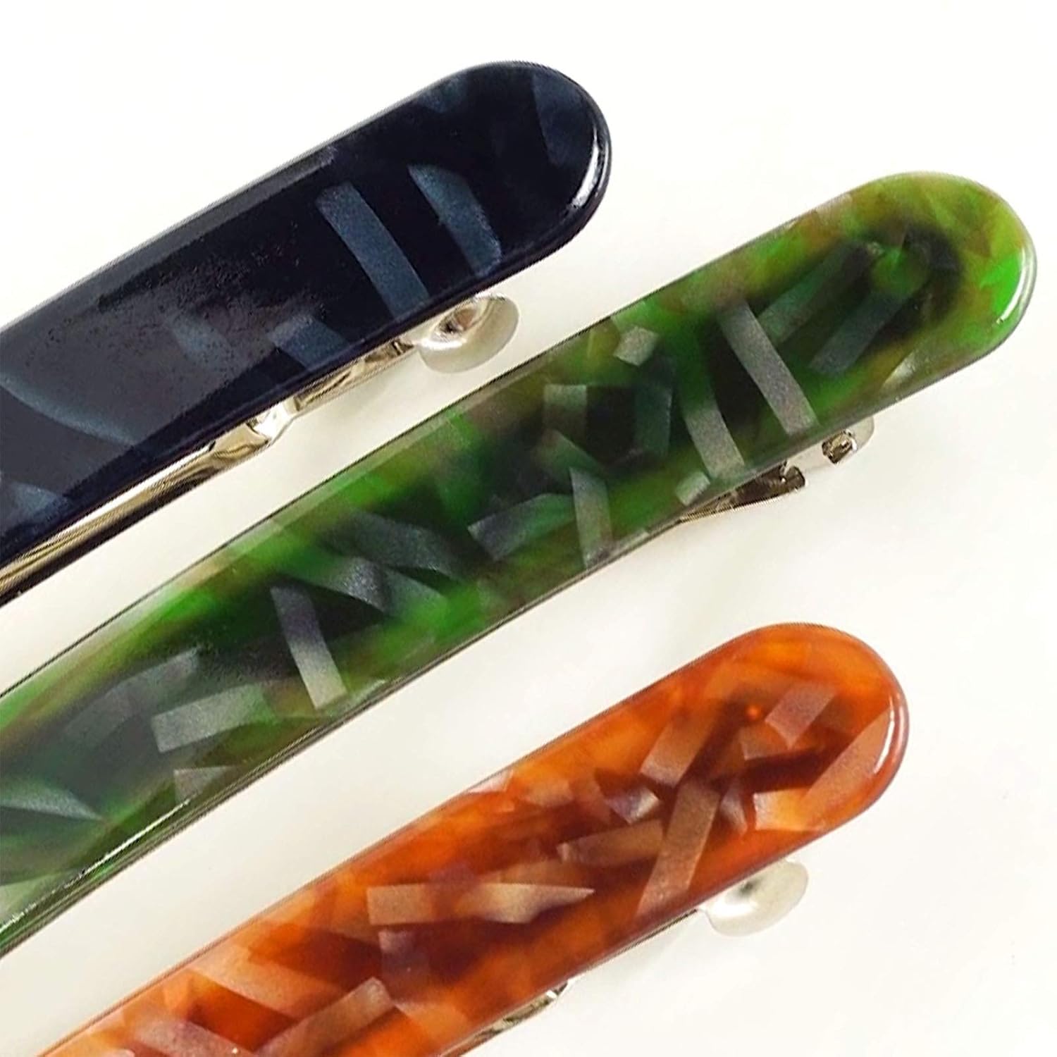 HYFEEL 4 Inches Long Hair Barrettes Stylish French Automatic Hair Clips Ponytail Holders Large Acrylic Resin Hairgrip Clasp Clamp for Women Thick Hair, Fashion Hair Accessories Green Brown Black 3 Pack : Beauty & Personal Care