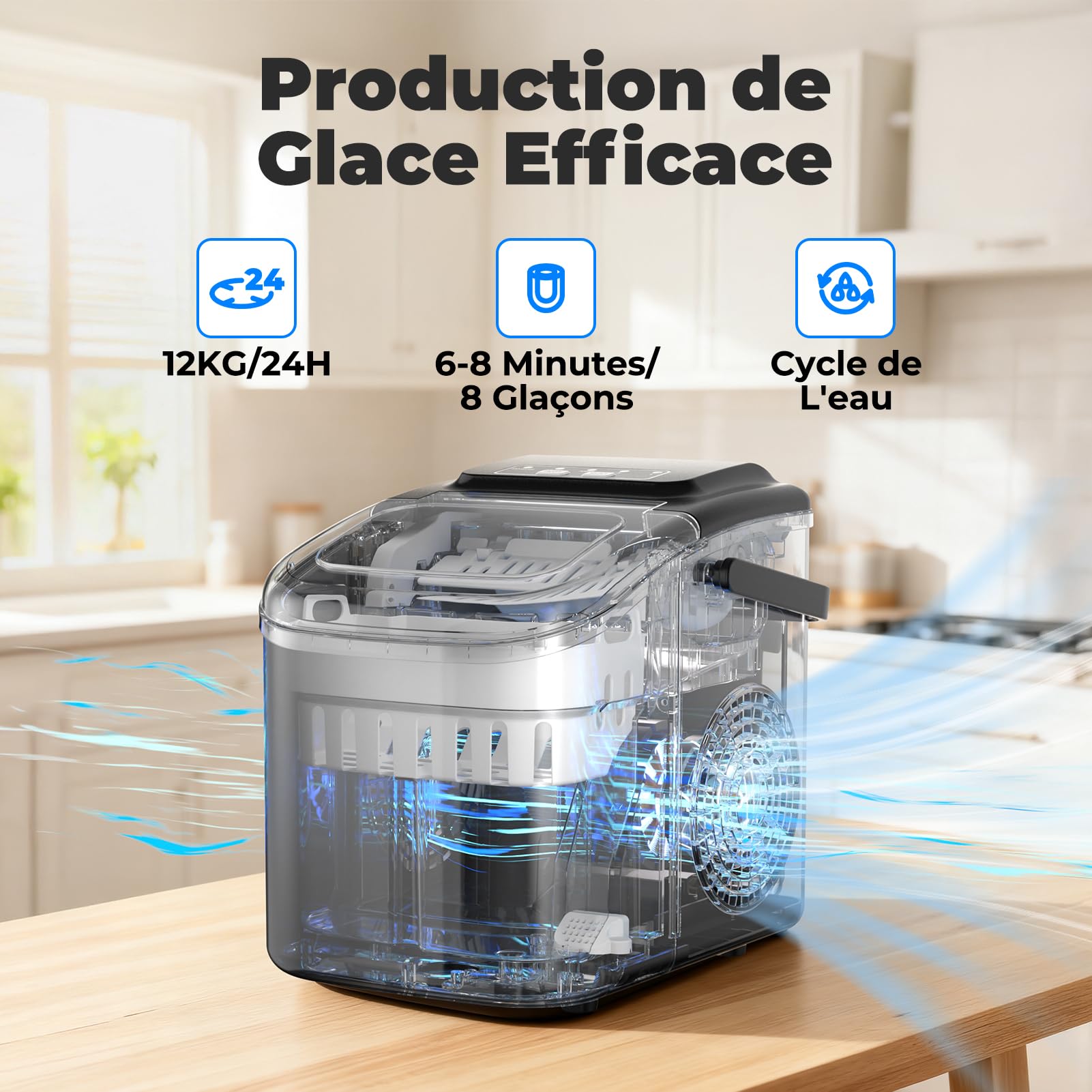 Machine à Glaçons, 12kg en 24h, Portable Machine a Glacons avec Cuillère à Glace, 8 Glaçons en 6-8 Minutes, Autonettoyante, Idéale pour Maison/Cuisine/Camping