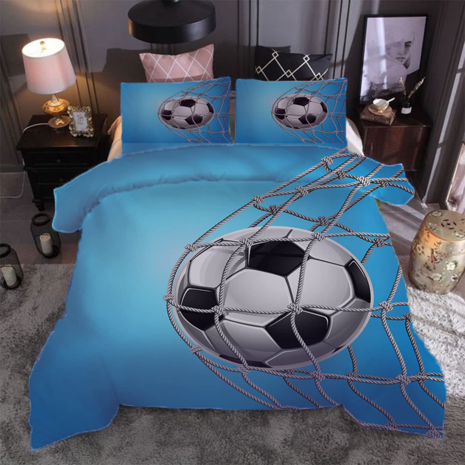 Set Biancheria Da Letto Singolo Bambini 3 Pezzi Stampati In Stampa Di Calcio 3D Set Copripiumino In Microfibra 135X200Cm Parure Da Letto Singolo Con Cerniera E 2 Federe 50X80Cm