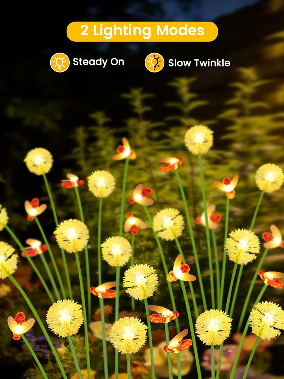 Solar Garden Lights Outdoor, 6 Pack 48 LED, Solar Swaying Dandelion Bee Lights Waterproof, Swaying Firefly Lights for Yard Pathway Lawn Patio Decorations, 2 modes (Steady on, Slow Twinkle), Warm White