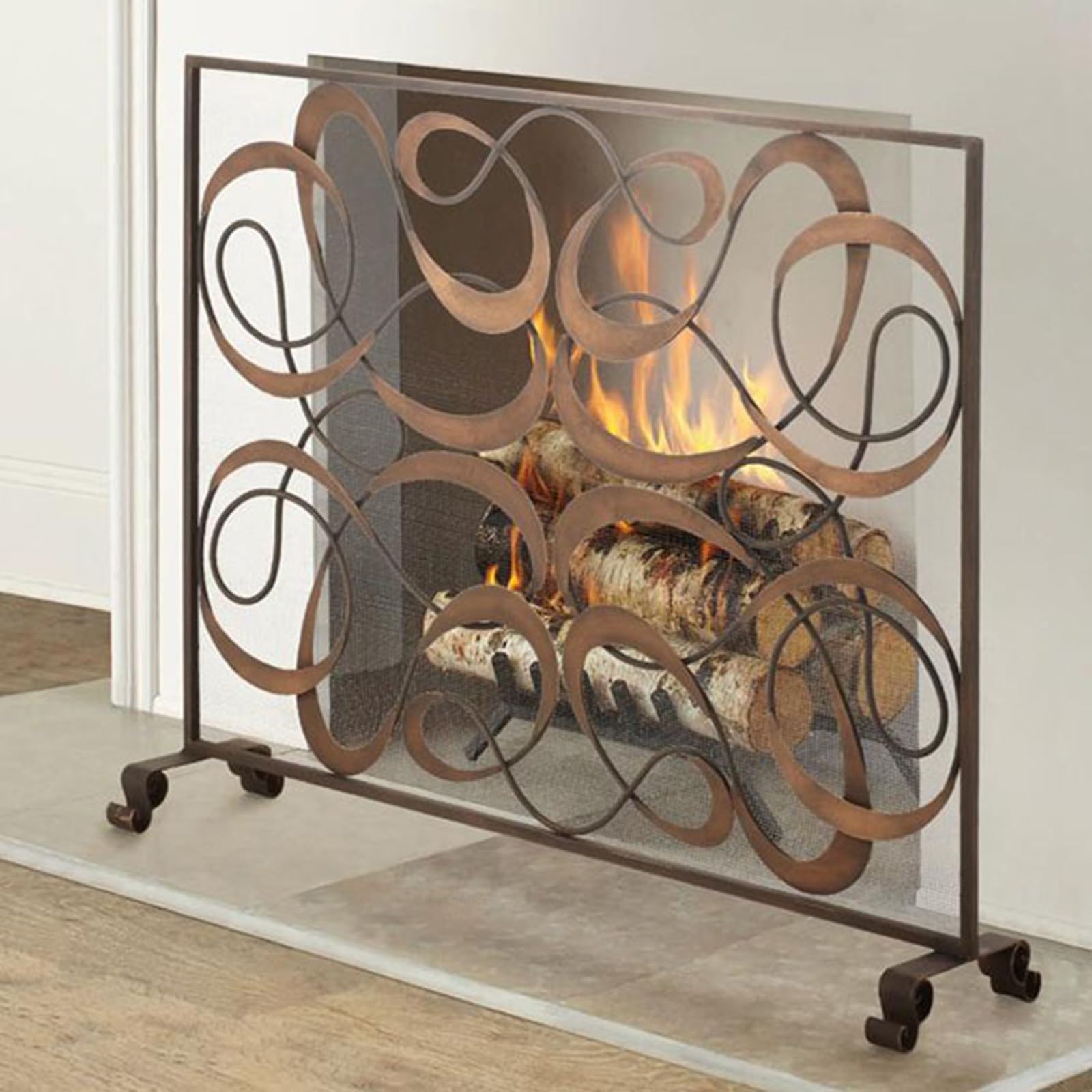 Handgefertigter Schmiedeeisen-Feuerschutz – Einzelpaneel-Kamin-Funkenschutz, 98 × 78 cm, strapazierfähiges Netz für Wohnzimmer und Ofen – stilvolles braunes Design