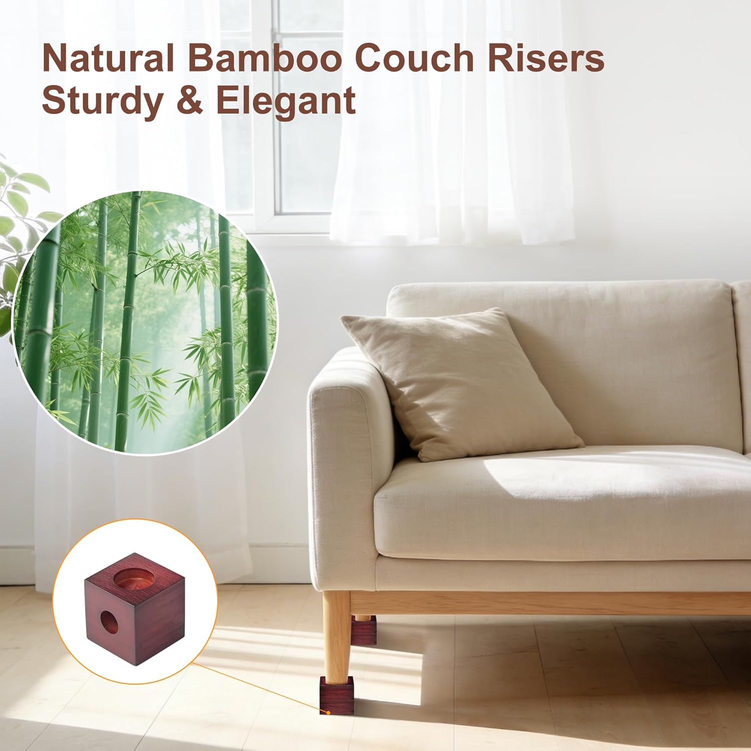 4 Inch Solid Bamboo Bed Risers, 2200 LBS Heavy Duty Furniture Leg Extenders, 3 Circular Recess Sizes (1/2/3") Support Blocks for Bed Couch Desk Chair Table, 4-Pack Brown