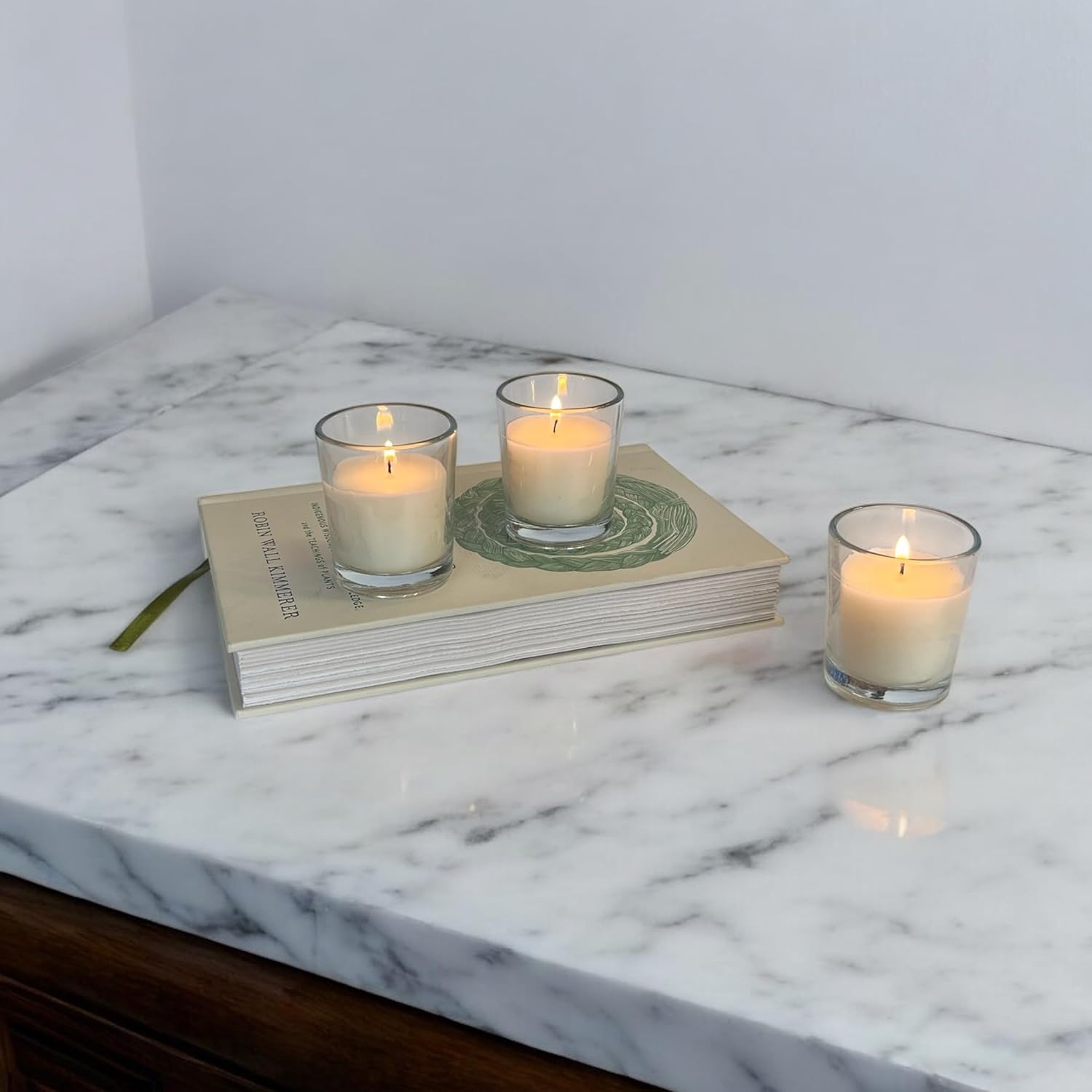 Stonebriar 48 Pack Unscented Long Burning Clear Glass Ivory Wax Filled Votive Candles