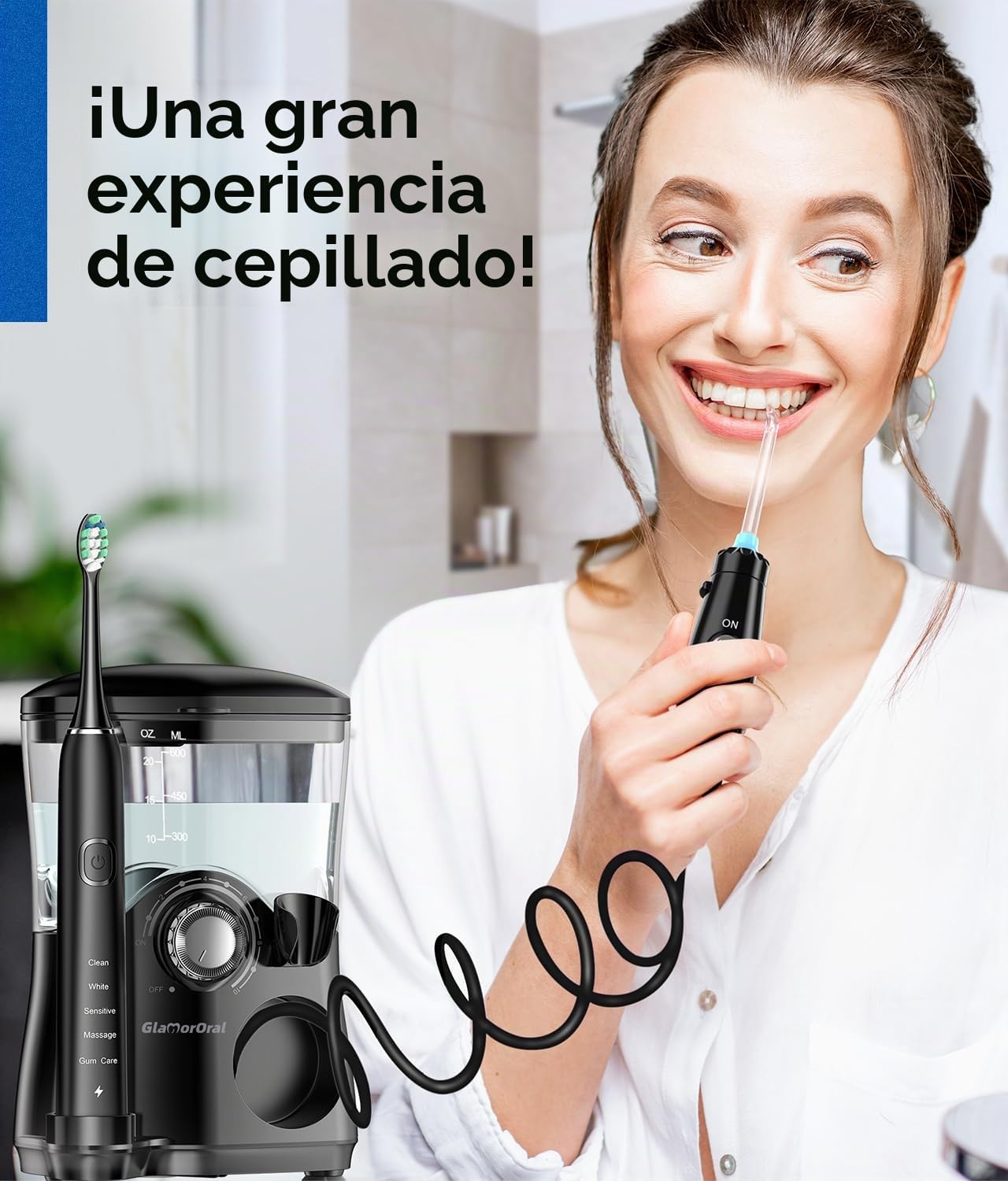 Cepillo de dientes eléctrico e hilo dental de agua, irrigador bucal de 600 ml con 7 puntas de chorro, 10 ajustes de presión ajustables, cepillo de dientes eléctrico sónico con 2 cabezales de cepillo