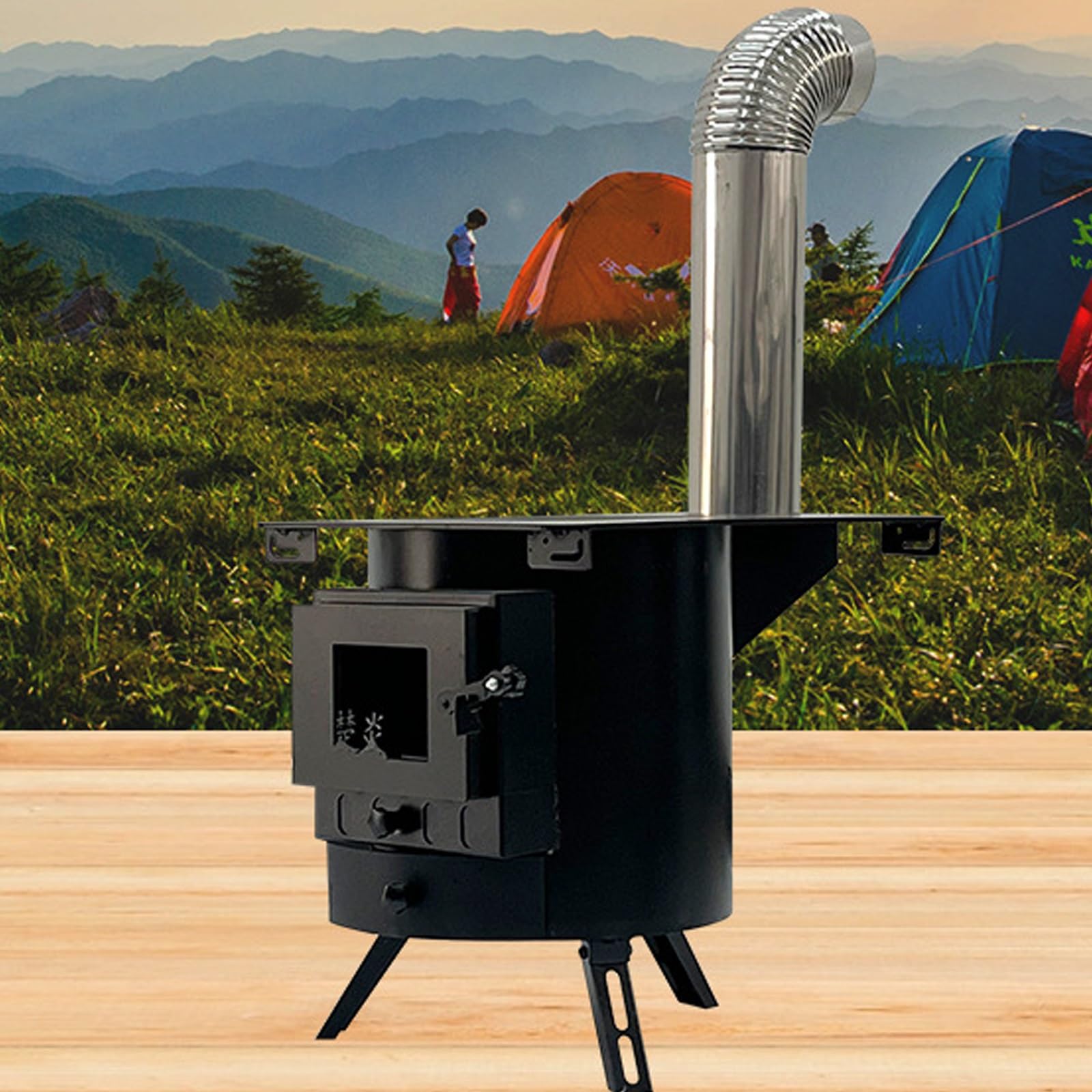 Stufa a Legna Portatile In Acciaio con Gambe Triangolari Pieghevoli, Stufa a Legna In Ghisa Doppio Uso per Riscaldamento Interno, Cucina Esterna e Campeggio(43cm)