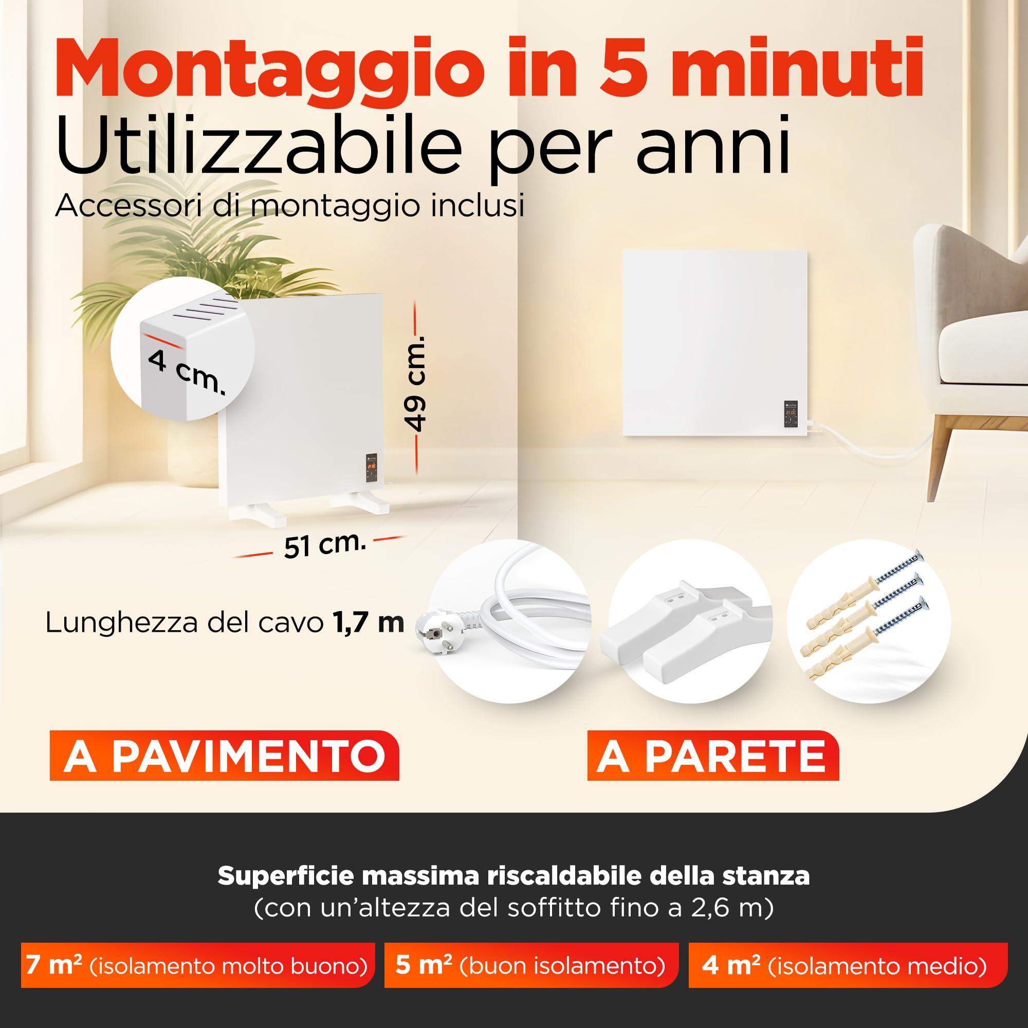 Termoplaza Termoconvettore Elettrico WiFi Da Parete o in Piedi 7 m² - 270 Watt Stufetta Elettrica Basso Consumo - Termosifoni Moderni Infrarossi - Pannello Radiante Infrarossi Termosifone Elettrico