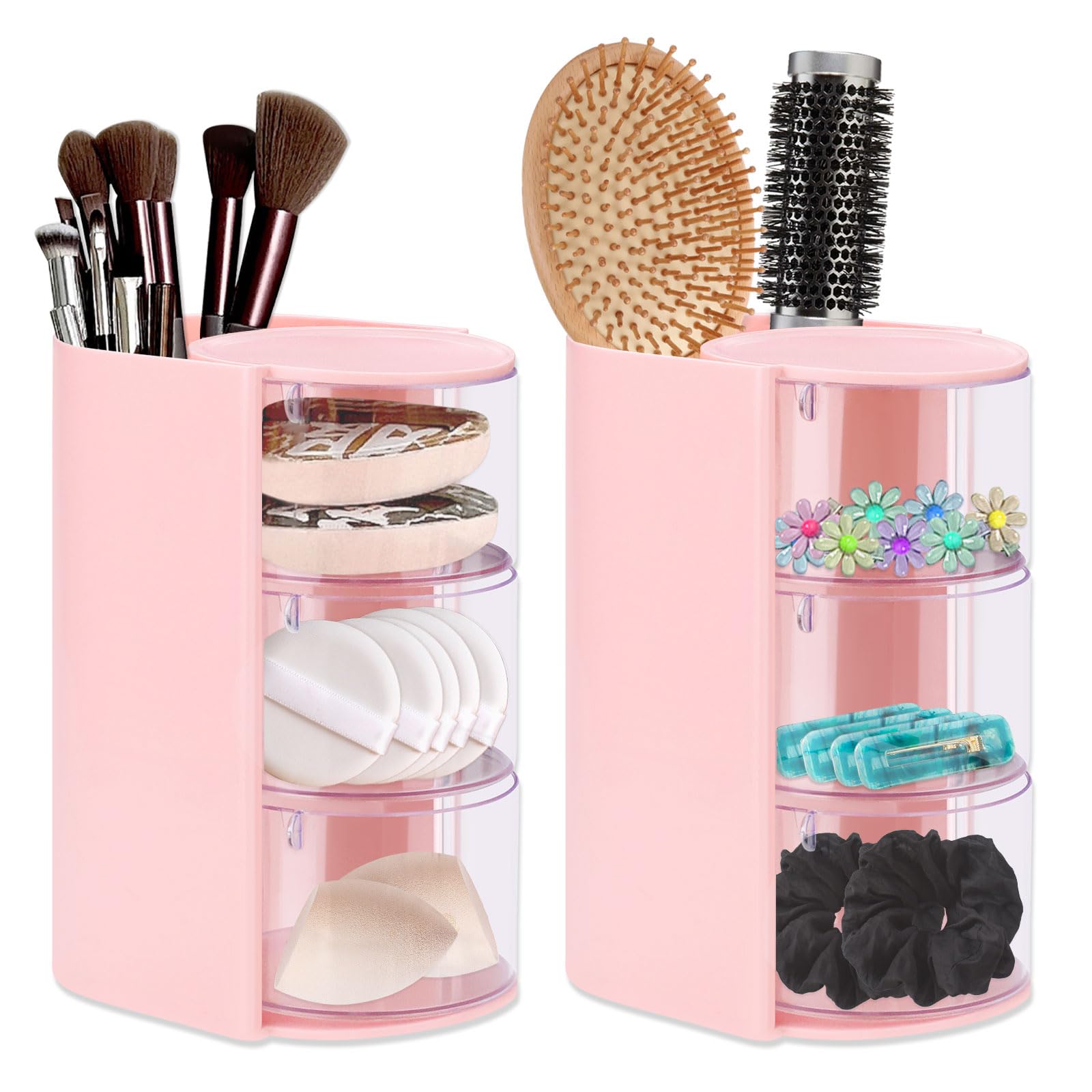 Modixun 2 Pack Hair Accessories Organizer with Hair Brush Holder, 3-Tier Clear Rotatable Drawer Makeup Sponge Holder