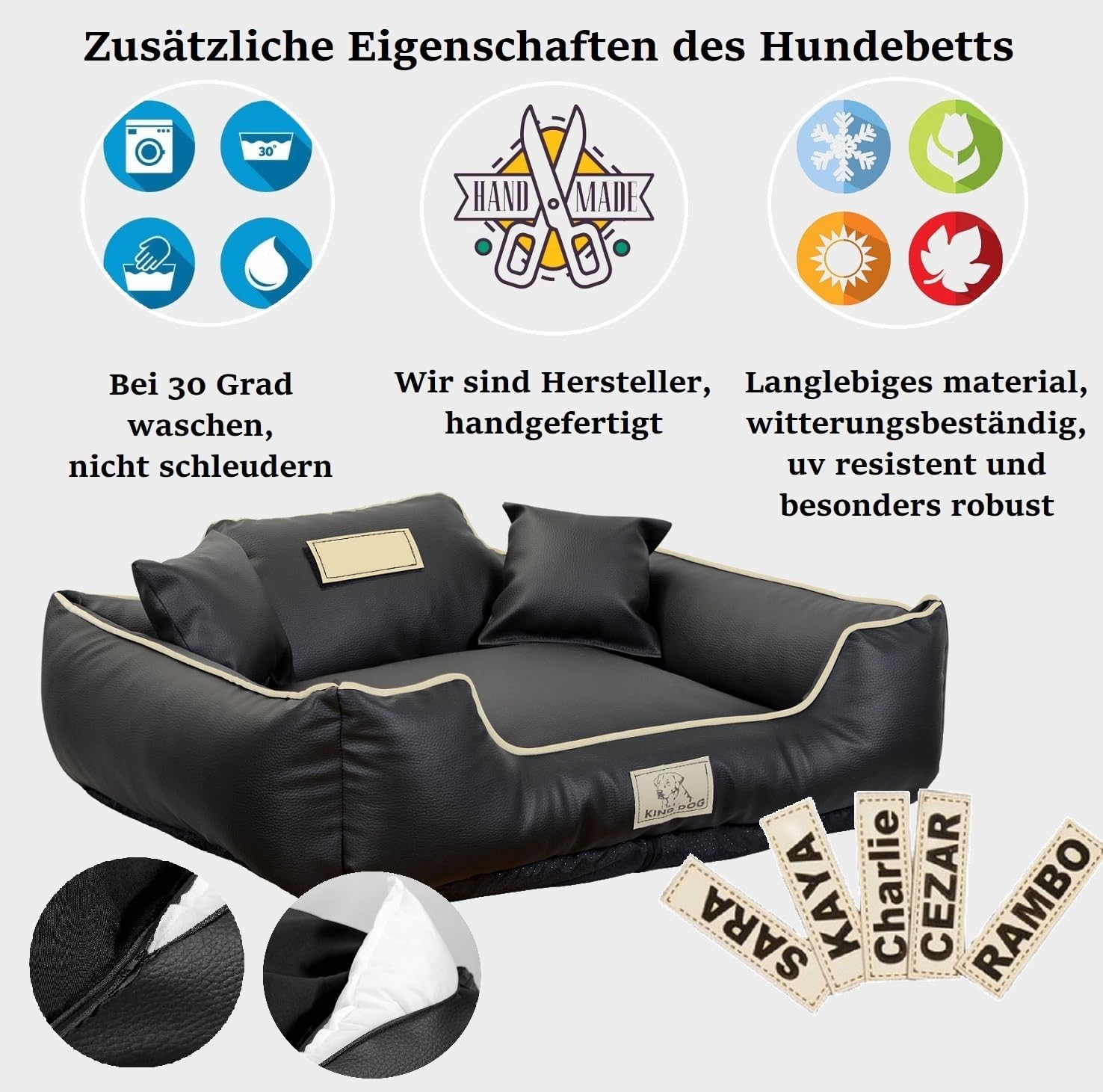 KING DOG Hundebett sehr Grosse Hunde Waschbar XL 115 x 95 cm aus Öko-Leder Hundekissen Haustierbett Hundekorb Personalisiert - Name des Hundes Wasserdichtes Material Silikon Füllung Schwarz