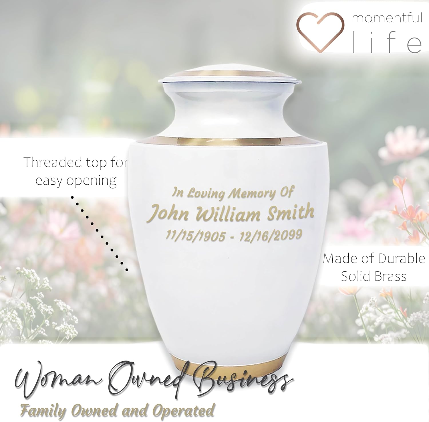 Custom Engraved Modern Pearl White Cremation Urn - White with Bronze Accents, Adult Cremation Urn - Image 4