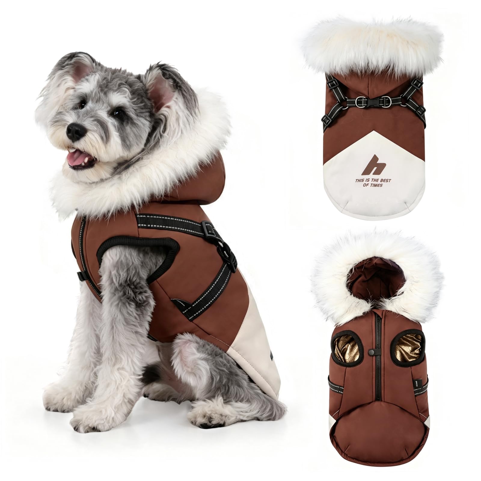 Waterproof Dog Winter Coat with Harness, Hooded Reflective Dog Jacket