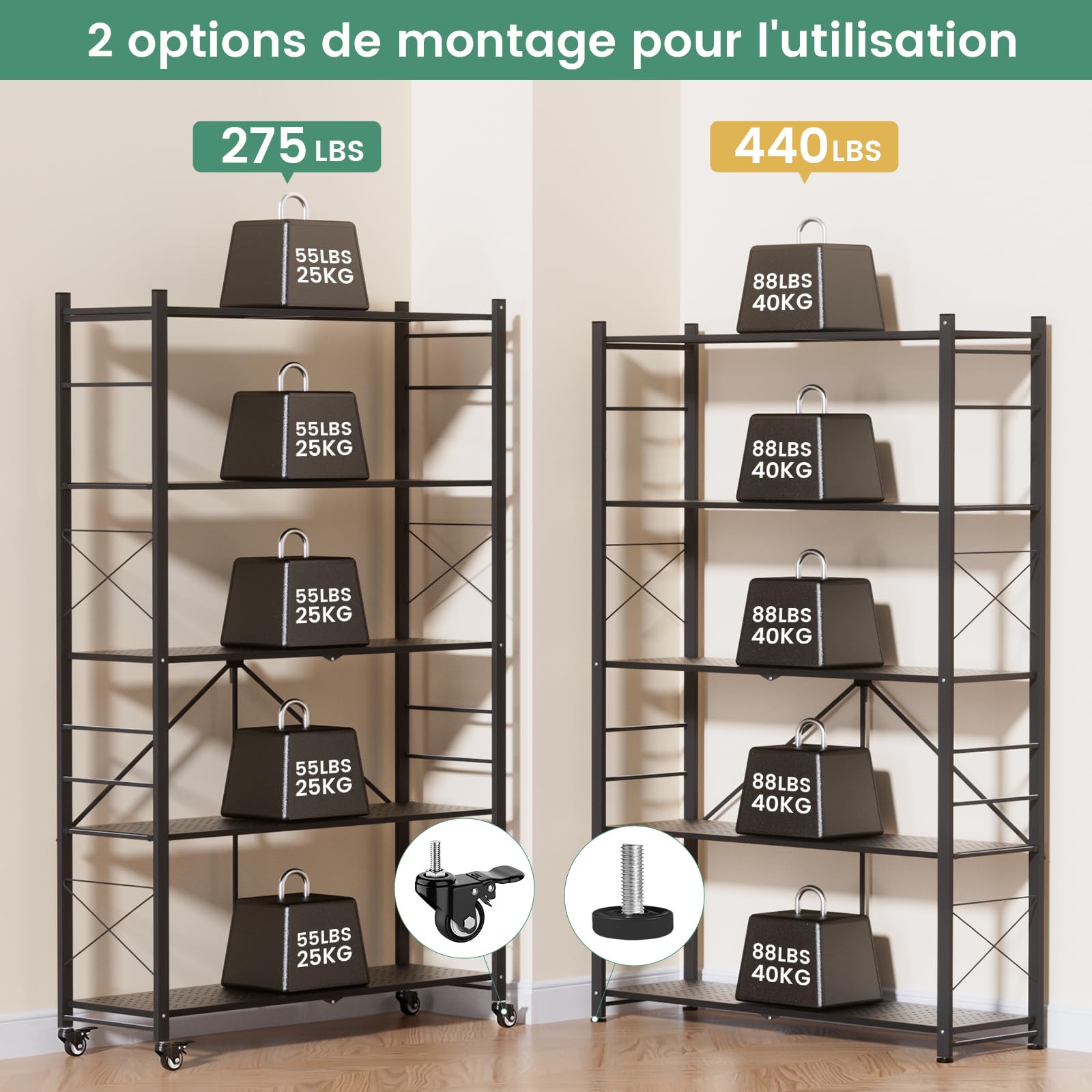 ALANNG Étagère Pliable 200kg - 100cm Largeur, 5 Niveaux Étagère Métallique Réglable & Amovible Noir, Montage sans Outil - Étagère Pliable Mobile pour Cuisine Bureau Cave -165x100x35cm