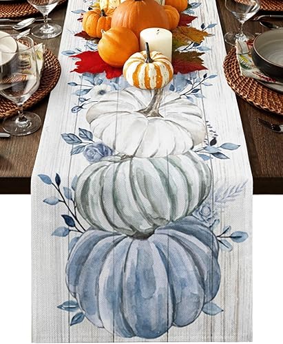 Camino de mesa de otoño con calabaza azul, cosecha de Acción de Gracias, calabazas blancas y azules, de madera, algodón, lino, bufanda, cocina, mesa