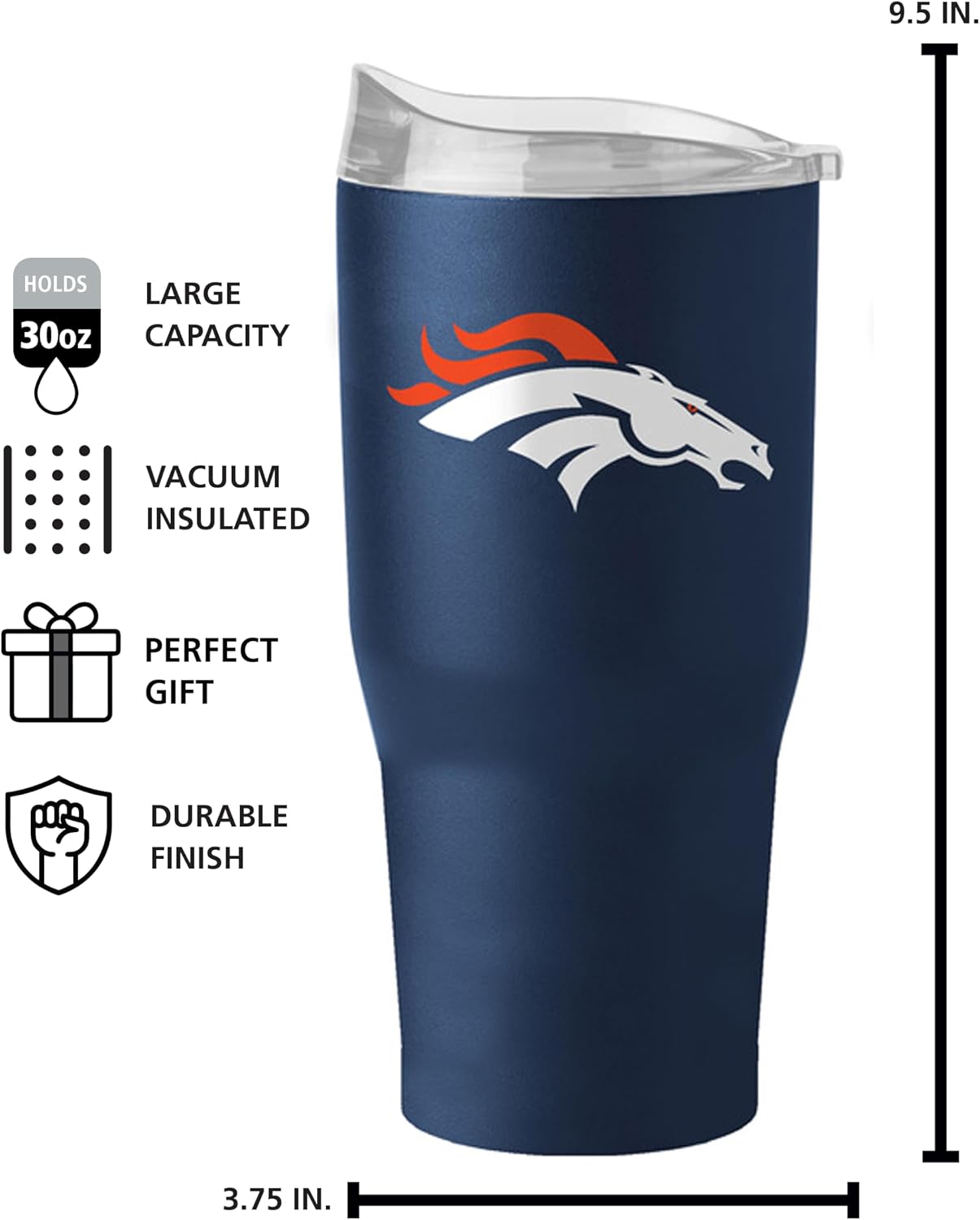 FANMATS NFL Denver Broncos 30 oz Powder Coat Tumbler — Stainless Steel | 30 Fluid Ounces | High -Lip Slider Lid | Team Color