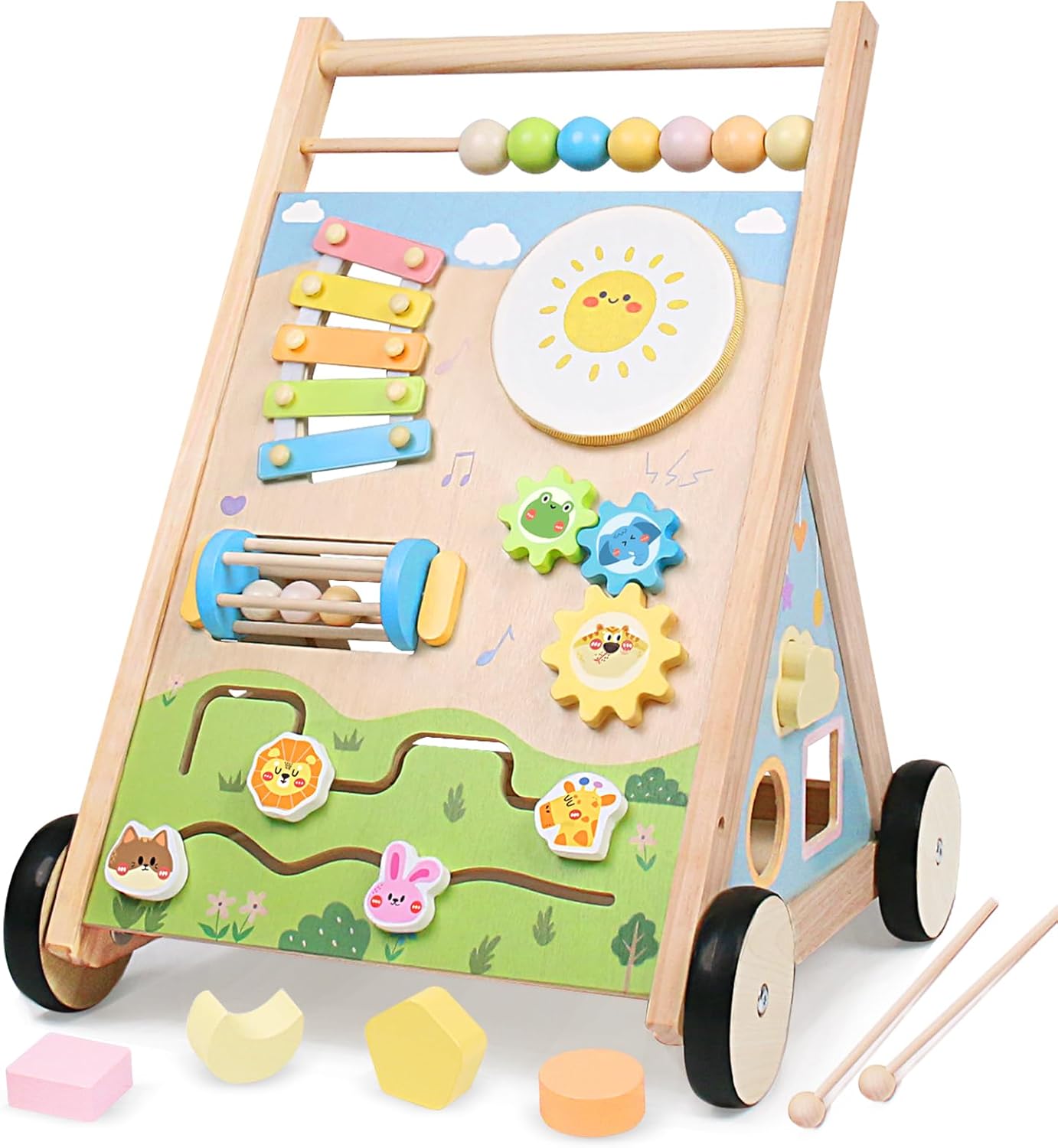 Wooden Baby Walker with Wheels, Montessori Baby Push Walker for Babies 6-12 Months, Baby Activity Center Walking Toy for 1 Year Old Learning to Walk Toddler Girls Boys Pastoral