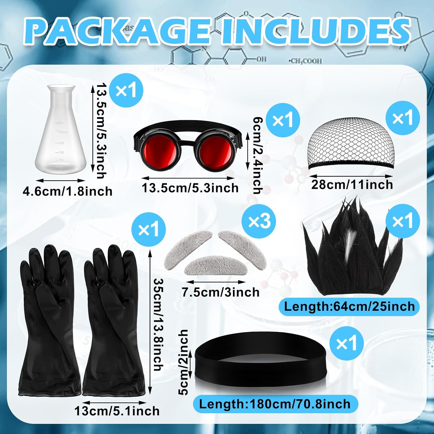 Jiuguva 9 Pcs Halloween Mad Scientist Costume for Adult Men Including Coat Belt Cups Gloves Goggles Wig Mustache Eyebrows - Image 2