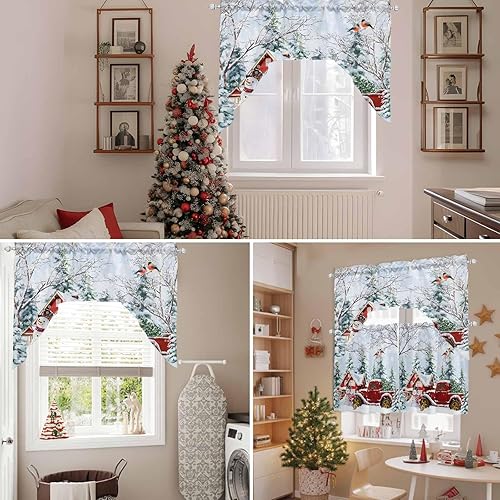 Miniatura 8 de Juego de cortinas navideñas con cenefa y niveles de cocina, 24 pulgadas de largo, color rojo, camión nevado, granja, árbol de Navidad, bolsillo para
