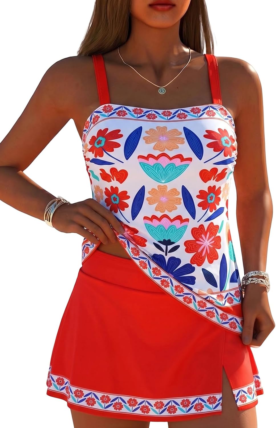 Hilor Women's Tankini Swimsuits Tummy Control Bathing Suits Vintage Two Piece with Skirt Modest Slimming Swim Dress