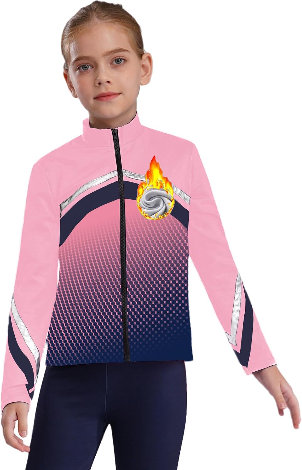 Jugaoge Kids Girls Gradient Dots Printed Figure Skating Jacket Zip Up Fleece Practice Ice Skating Sweatshirts