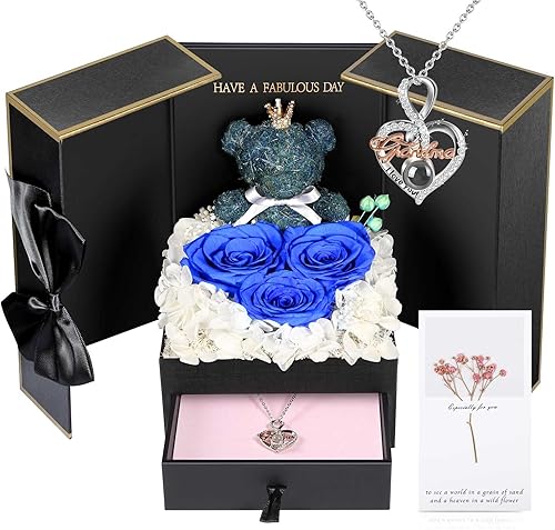 Miniatura 121 de ADDWel Rose Gifts for Women - Preserved Real Roses Forever Purple Flowers with I Love You in 100 Languages Necklace and Cute Moss Bear for