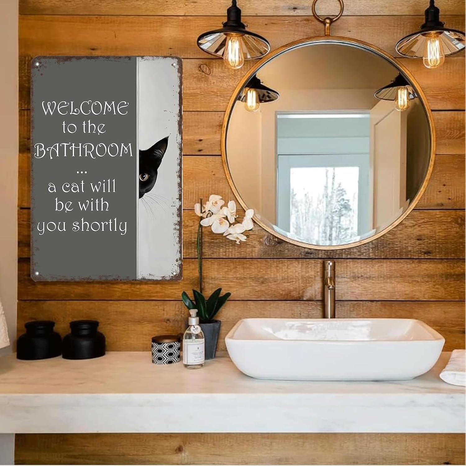 Funny Vintage Bathroom Wall Decor Metal Tin Sign, Cat Mom Gifts for Women, Retro Aluminum Wall Art for Cats Lover, "Welcome To The Bathroom A Cat Will Be With You", Toilet Metal Sign 8x12in image 5